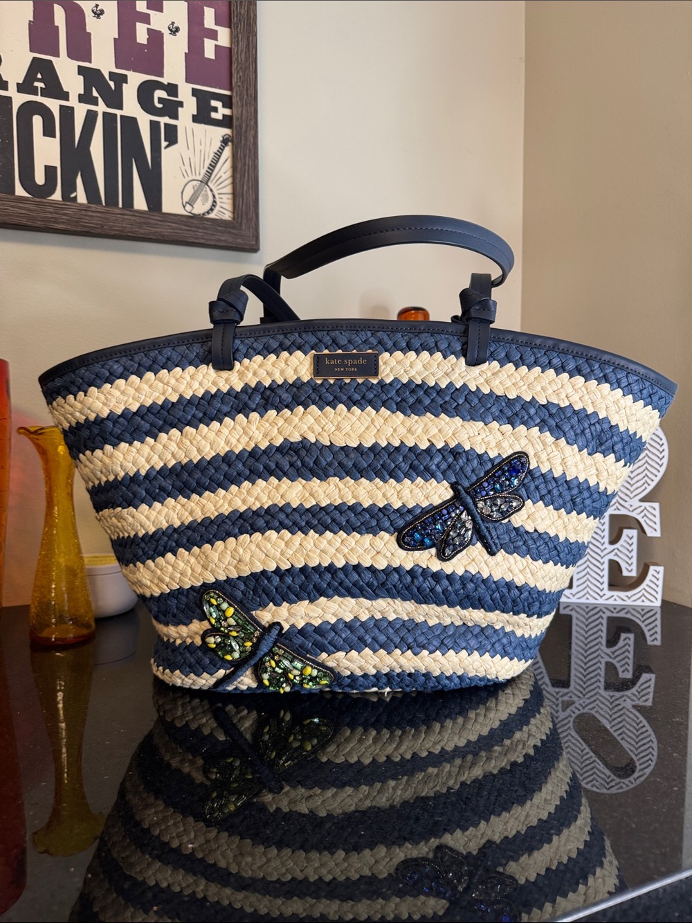 kate spade Navy and Cream Striped Straw Tote with Beaded Dragonflies